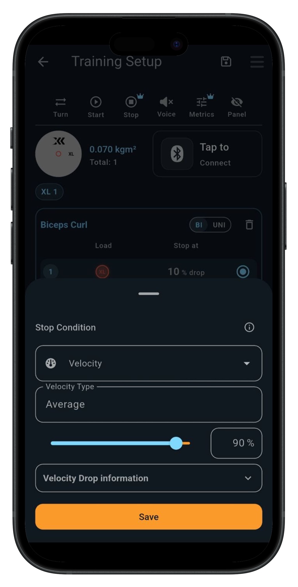 using the velocity drop stop condition in the Exxentric App